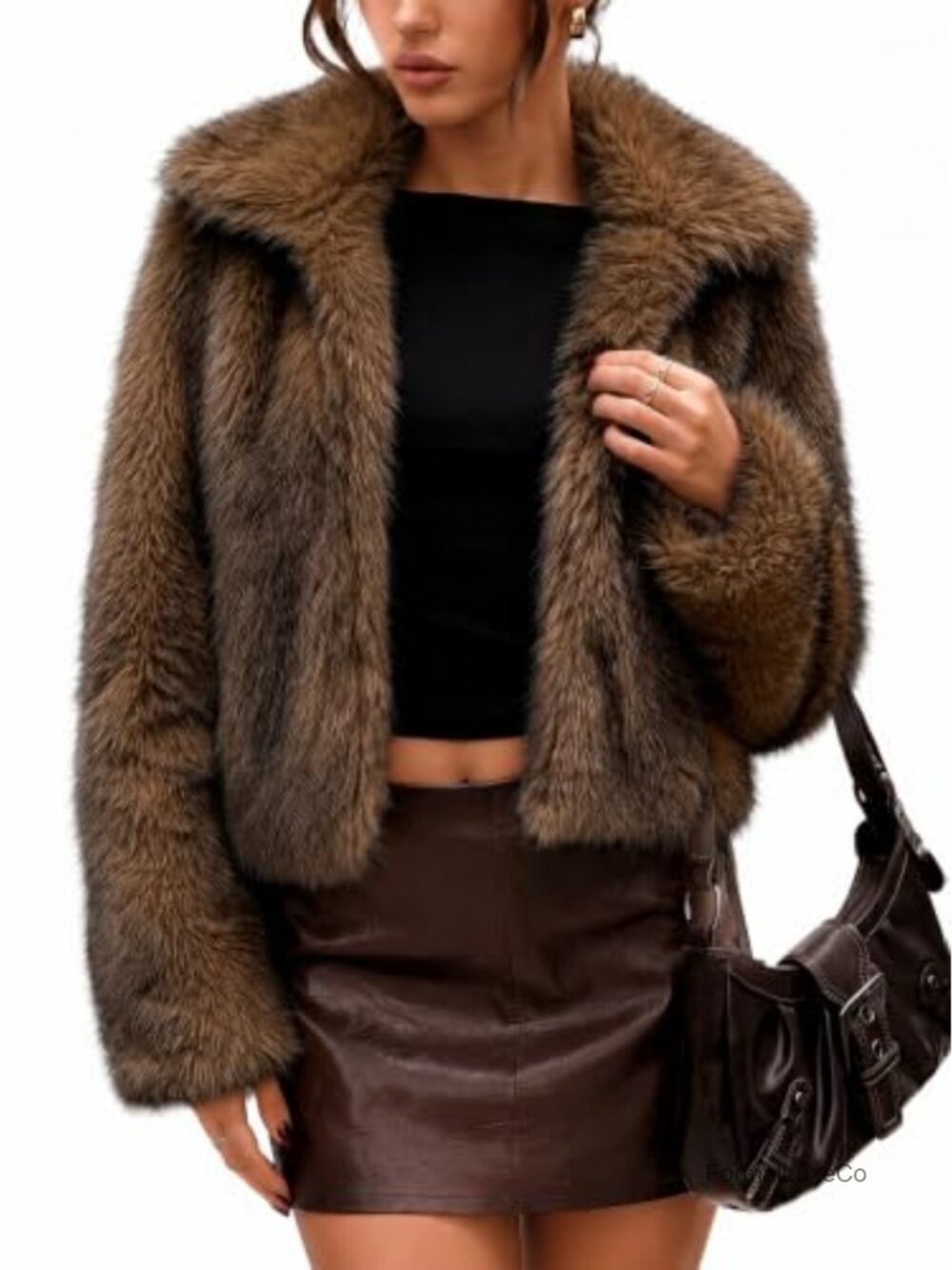 Faux Fur Coat Two-Tone Cropped Fluffy Jacket Lapel Collar